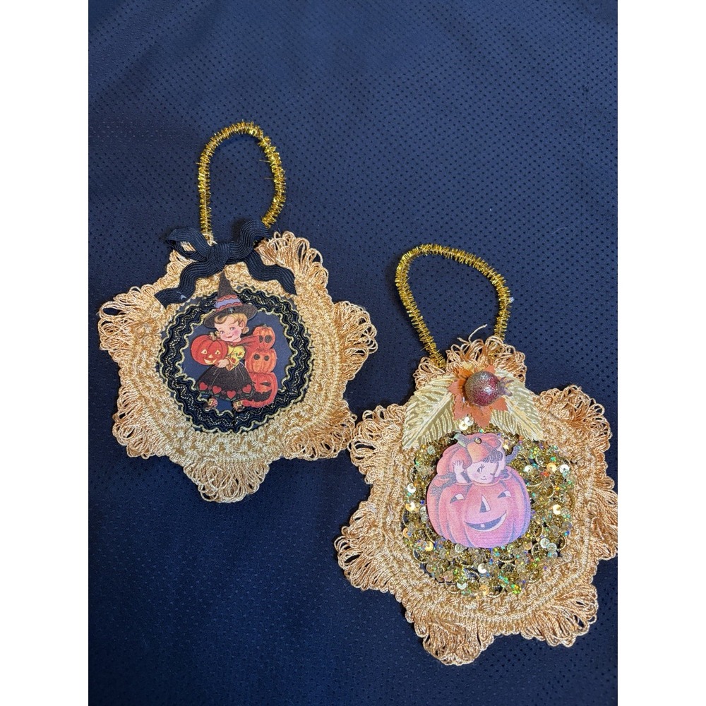 Set of 2 Handmade HALLOWEEN Ornaments Retro Victorian Jack O Lanterns Gold Braid